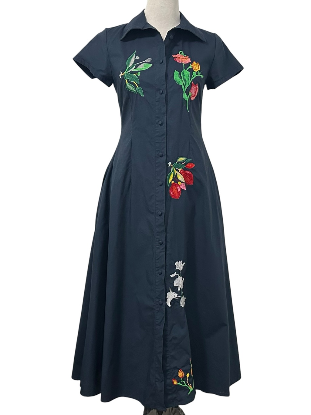 Fanm Mon Womens Jun Shirt Dress Small Blue Embroidered Button Front Short Sleeve